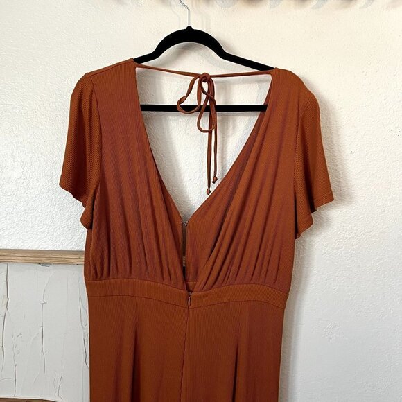 Allison + UO Orange Allison Wide Leg Ribbed Deep Plunge Backless Jumpsuit - Picture 10 of 11